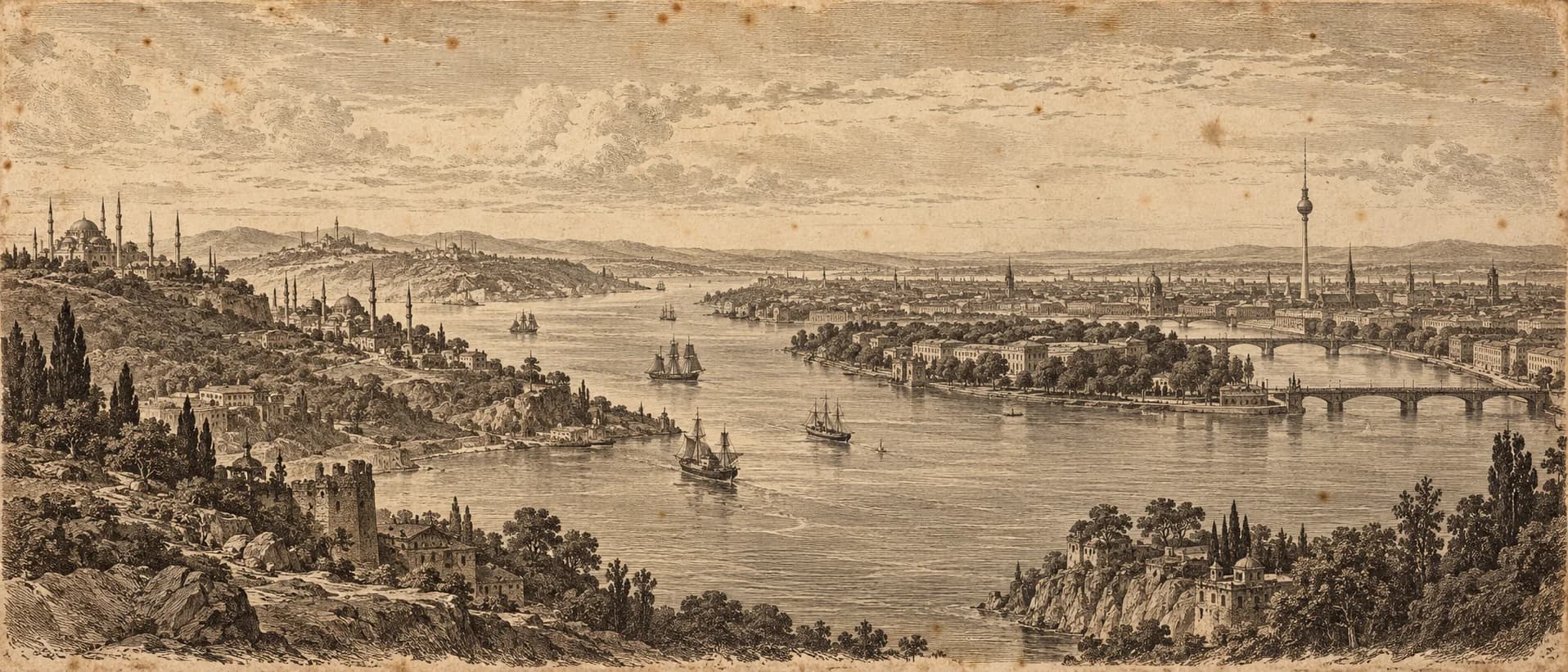 Copperplate engraving: the Bosphorus at Istanbul flowing into Berlin, the television tower on the far bank