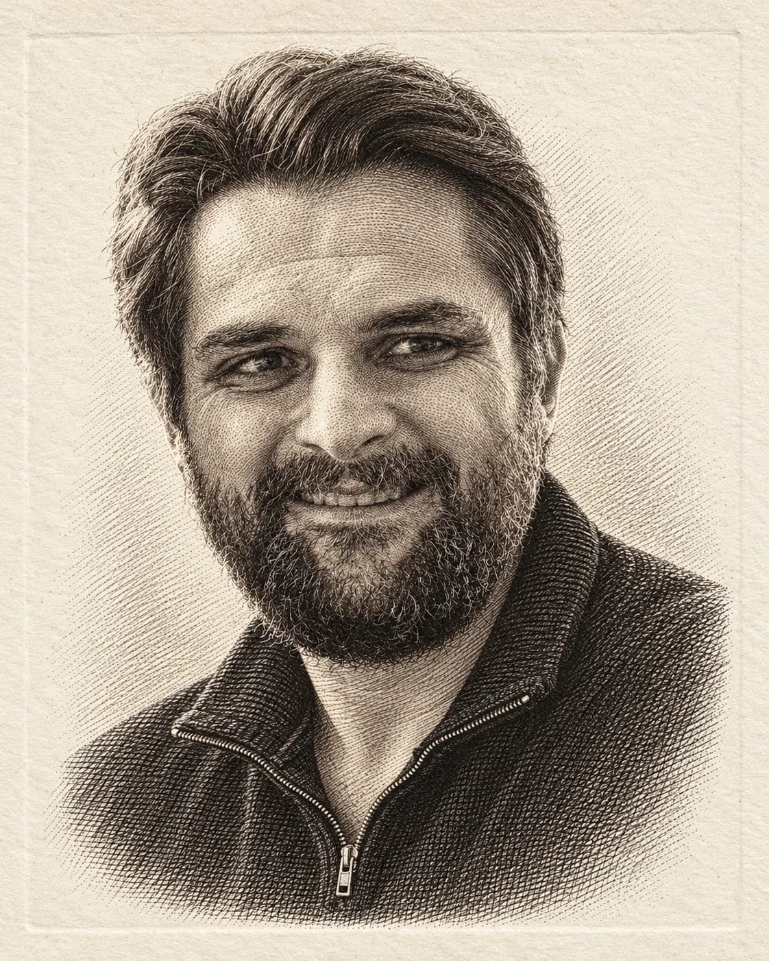 Stipple engraving of Birol Aksu