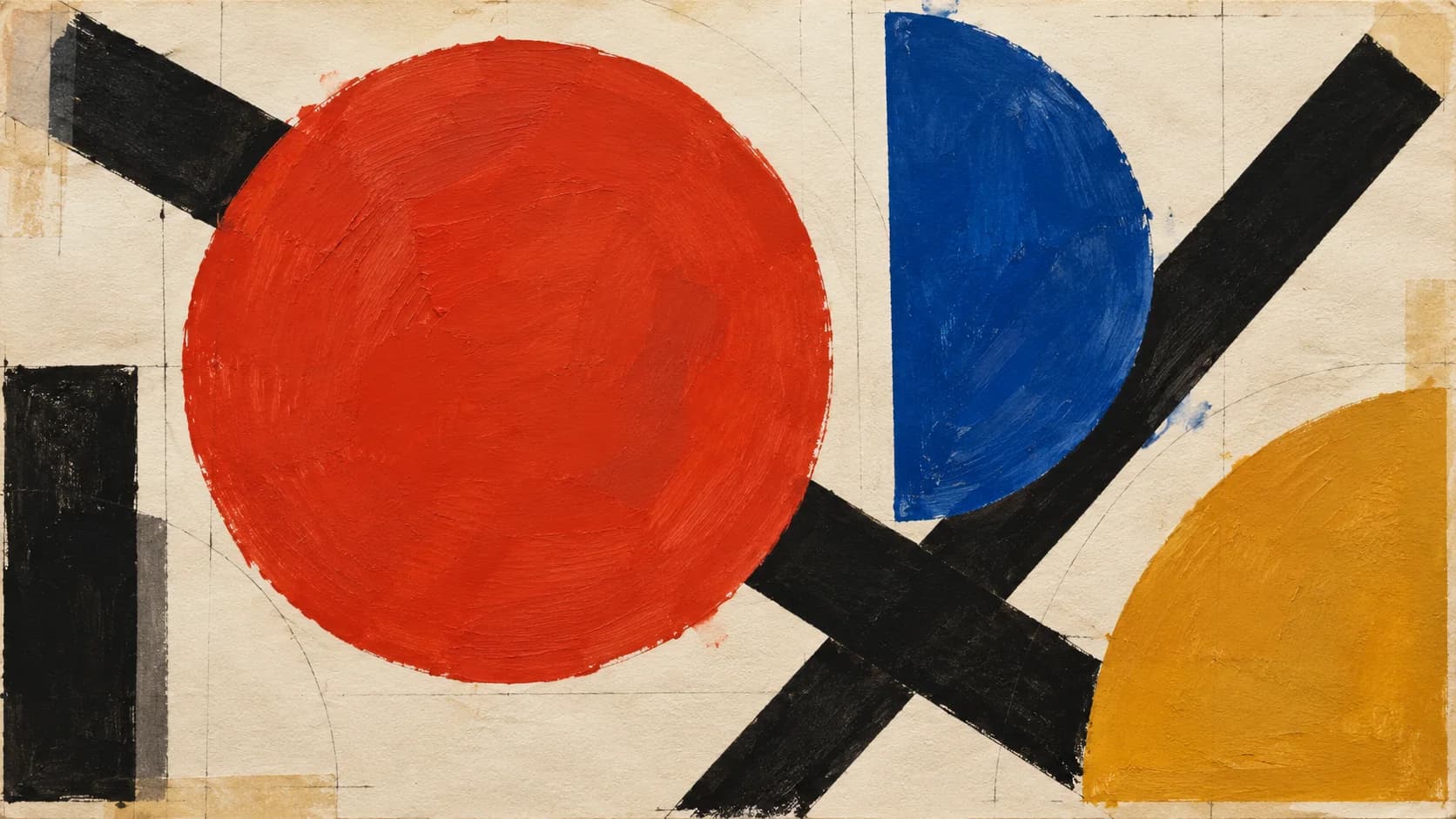Gouache poster: a vermilion disc, a cobalt half-moon, an ochre quarter circle and two crossed black bars