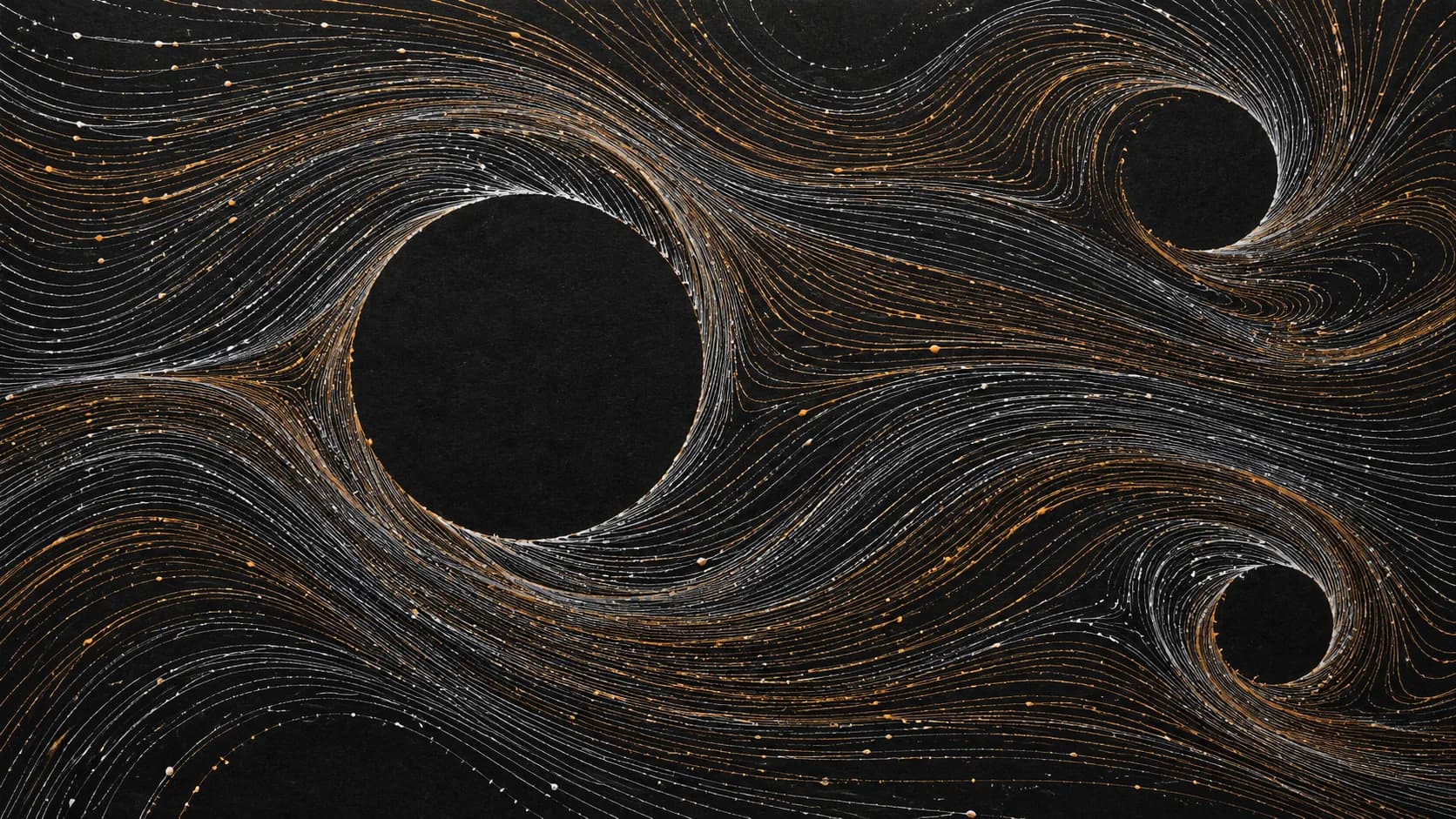 A pen-plotter drawing: thousands of fine white and orange lines flowing around three dark circles on black paper.