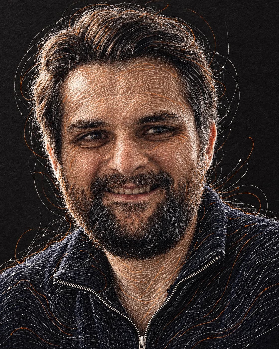 Birol Aksu, drawn by a pen plotter in thousands of fine lines on black.