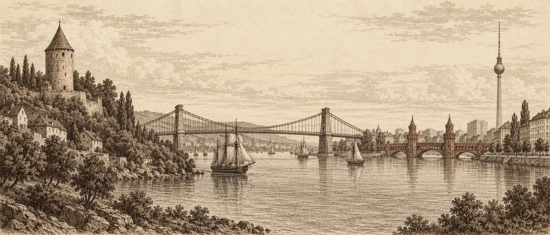 Copperplate engraving of one river running from a stone tower and a suspension bridge on the left to Berlin's television tower and the Oberbaum Bridge on the right